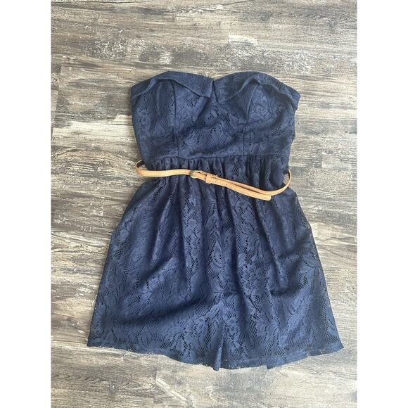 City Triangles Navy Mini Dress Size 11 W Belt & Spaghetti Strap Y2K 2000s Lace - Picture 1 of 7